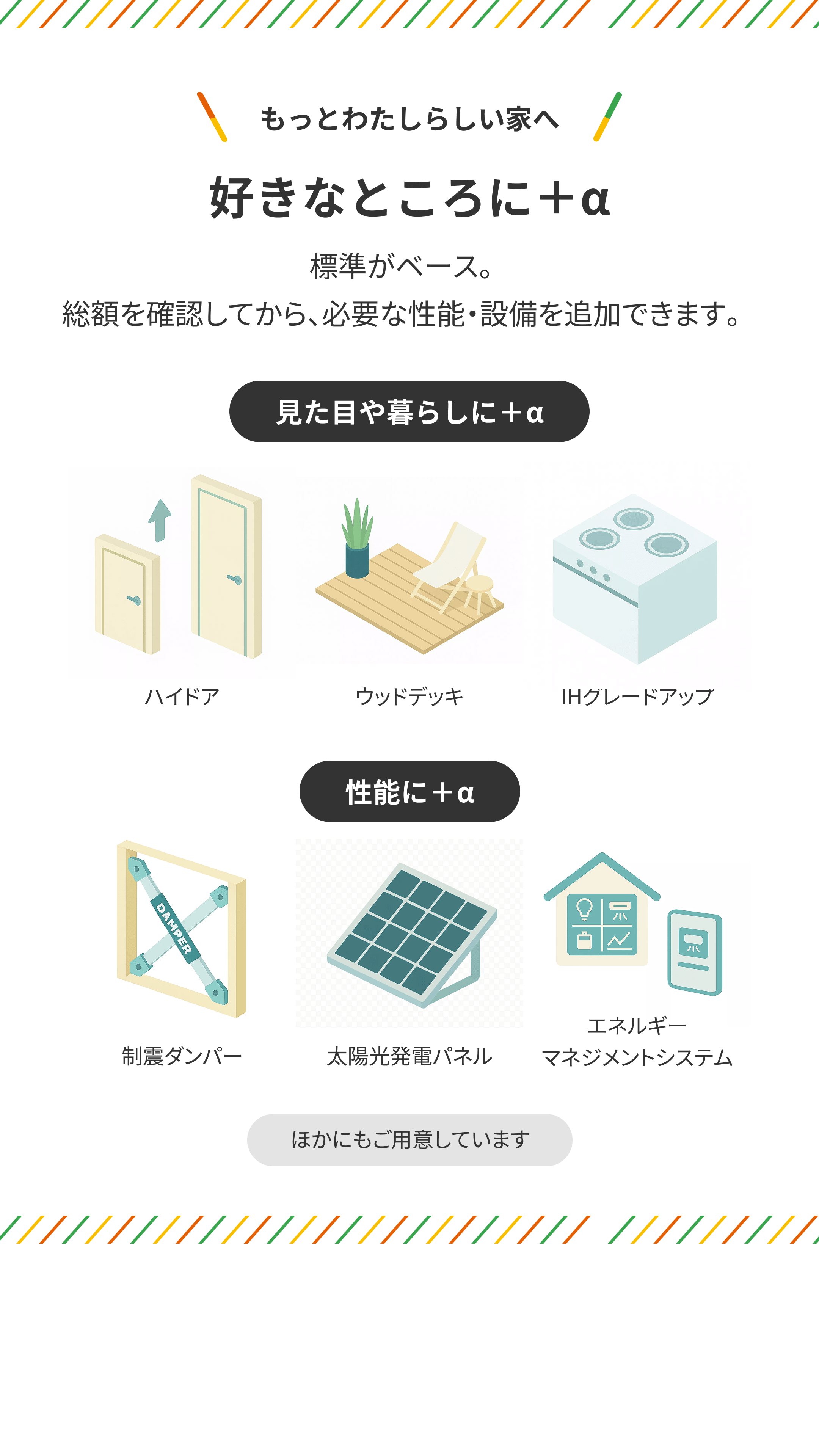 もっとわたしらしい家へ 好きなところに＋α　標準がベース。総額を確認してから、必要な性能・設備を追加できます。