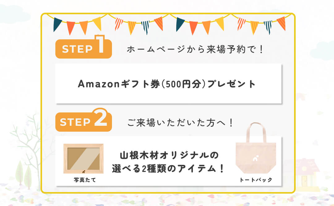 STEP1 ホームページから来場予約で！Amazonギフト券（500円分）プレゼント STEP2 ご来場いただいた方へ！ 山根木材オリジナルの選べる2種類のアイテム！