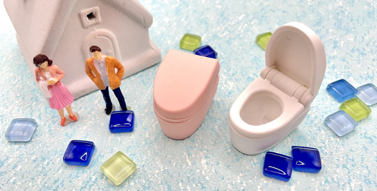 ミニチュアのトイレが2つと家の模型、夫婦のフィギアときれいなタイル型の石が置かれている