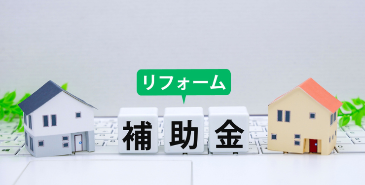 2つの家の模型の間に補助金と書かれたブロックが置かれている